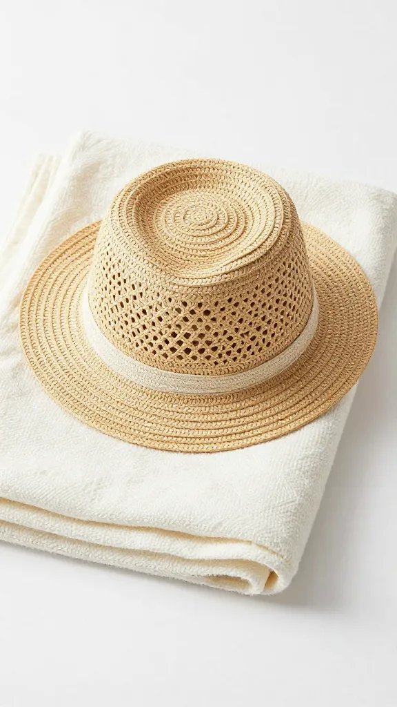 straw sunhat placed neatly on folded blanket corner