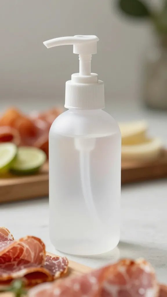 sanitizer pump bottle near charcuterie edge, shallow depth closeup