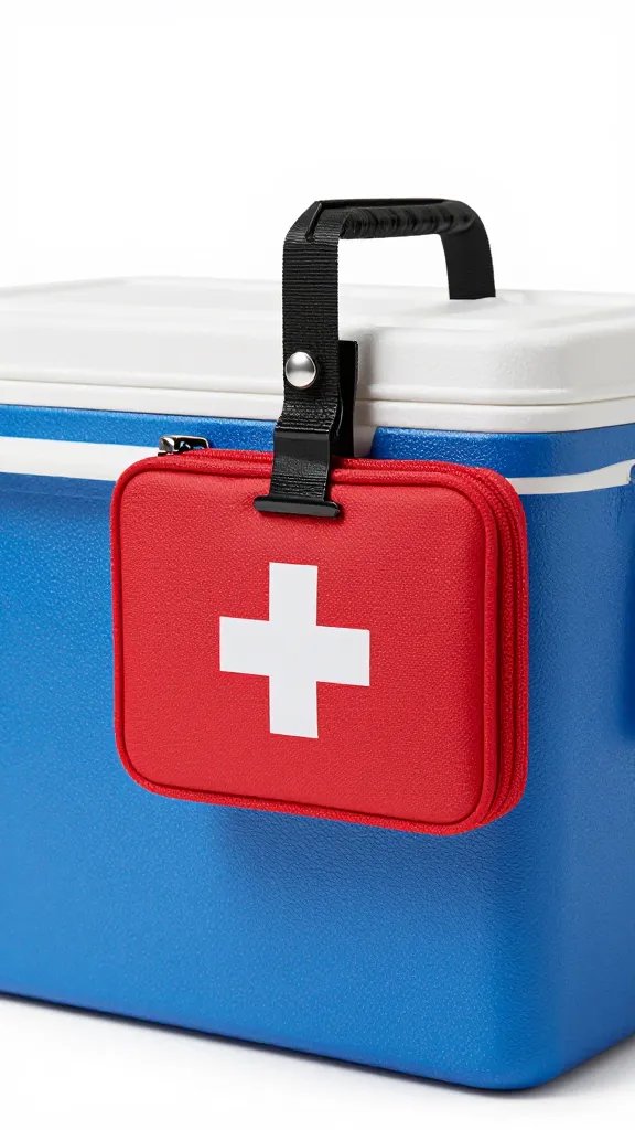 compact first aid kit clipped to a cooler handle