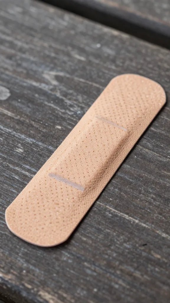 closeup of adhesive bandage on picnic table wood