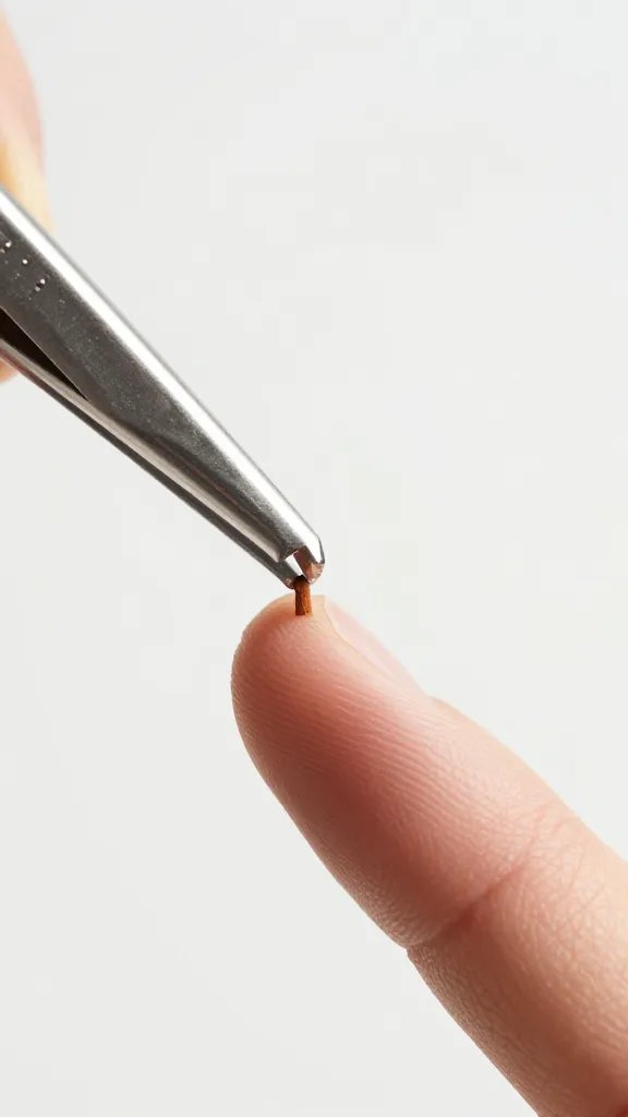 tweezers removing a wooden splinter from finger