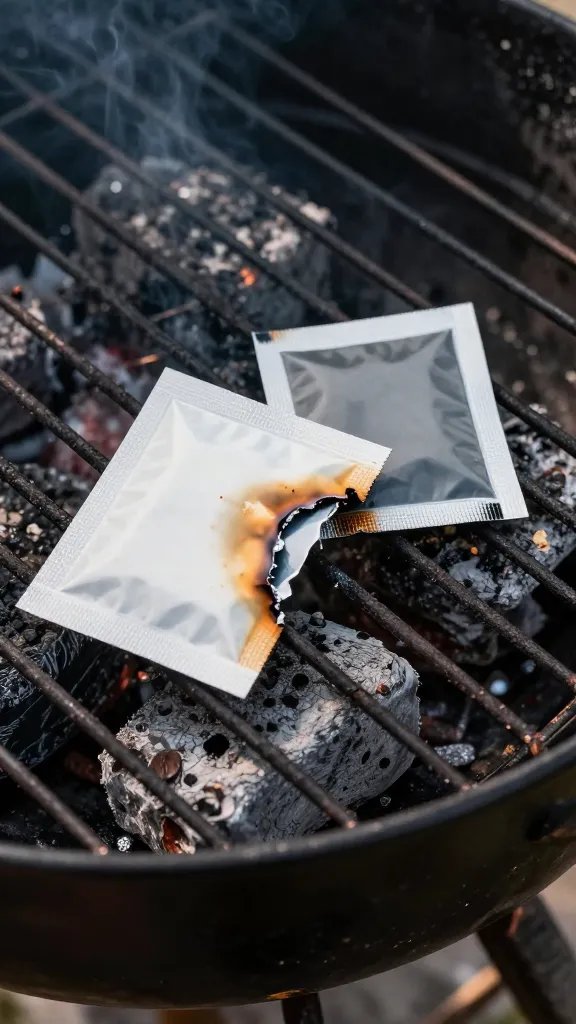 burn gel packet torn open beside charcoal grill