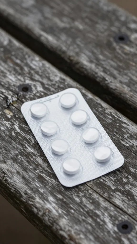 antihistamine blister pack on weathered picnic bench