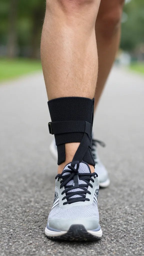 elastic ankle wrap on running shoe at park path