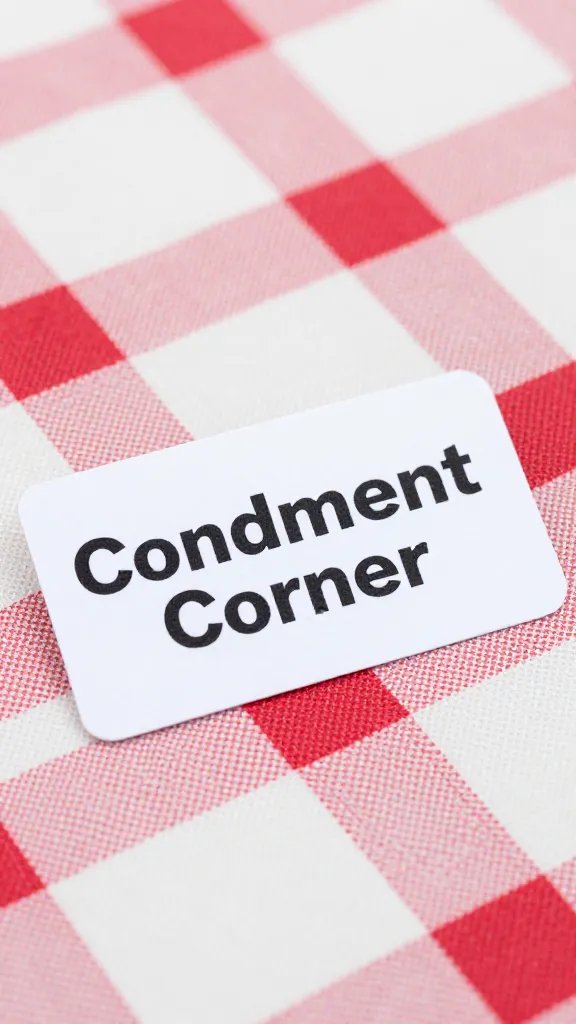 closeup of labeled “Condiment Corner” tag on picnic blanket