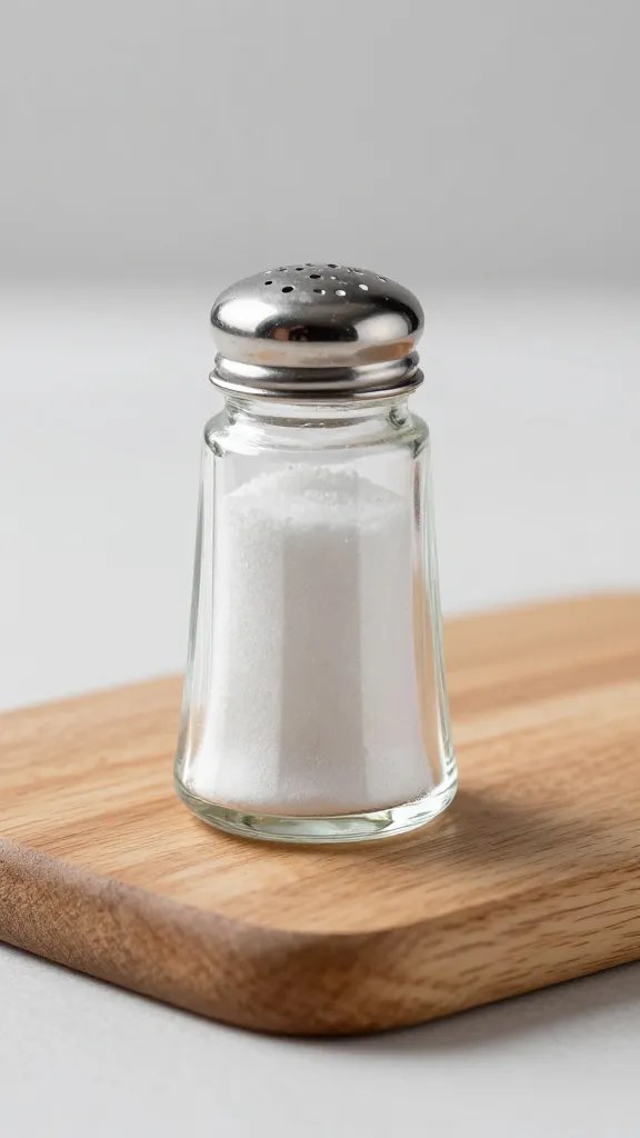 single glass salt shaker on small wooden cutting board