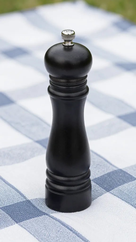 matte black pepper mill on striped picnic blanket