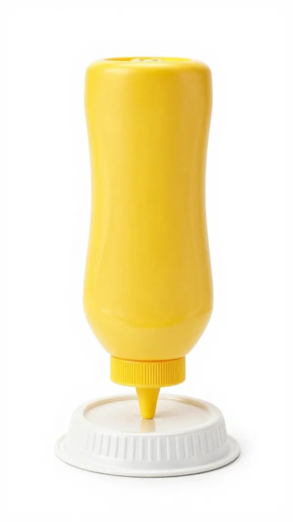 yellow mustard squeeze bottle on upturned food container lid