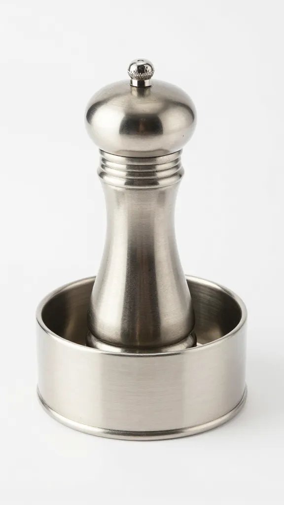 stainless steel condiment caddy holding one pepper mill