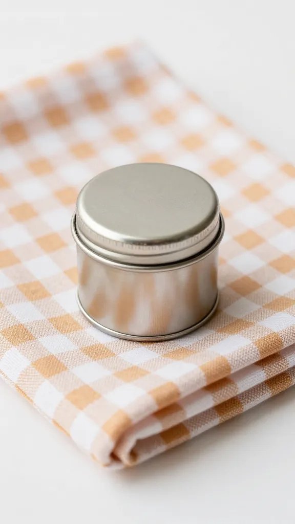 tiny travel salt tin resting on gingham blanket fold