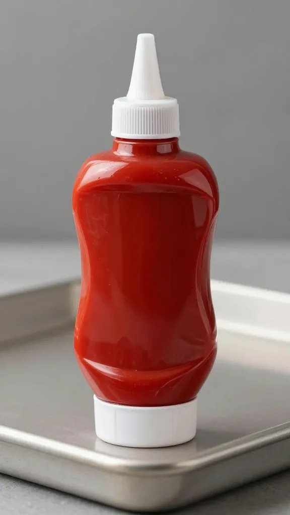 ketchup bottle with non-drip cap on baking sheet base