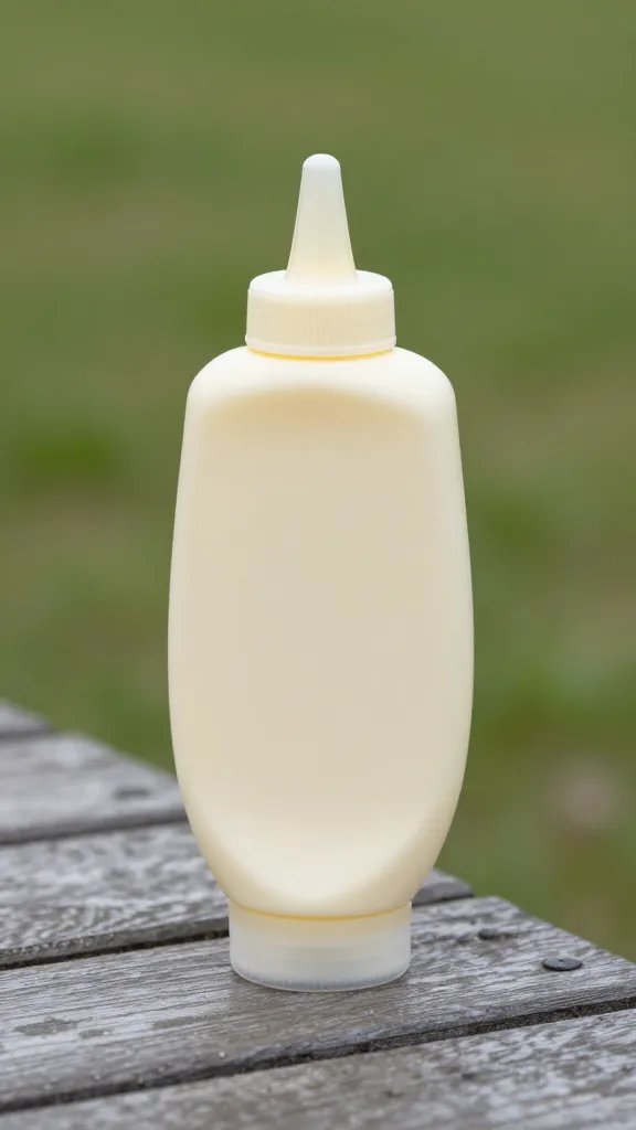 silicone squeeze mayo bottle on stable picnic corner