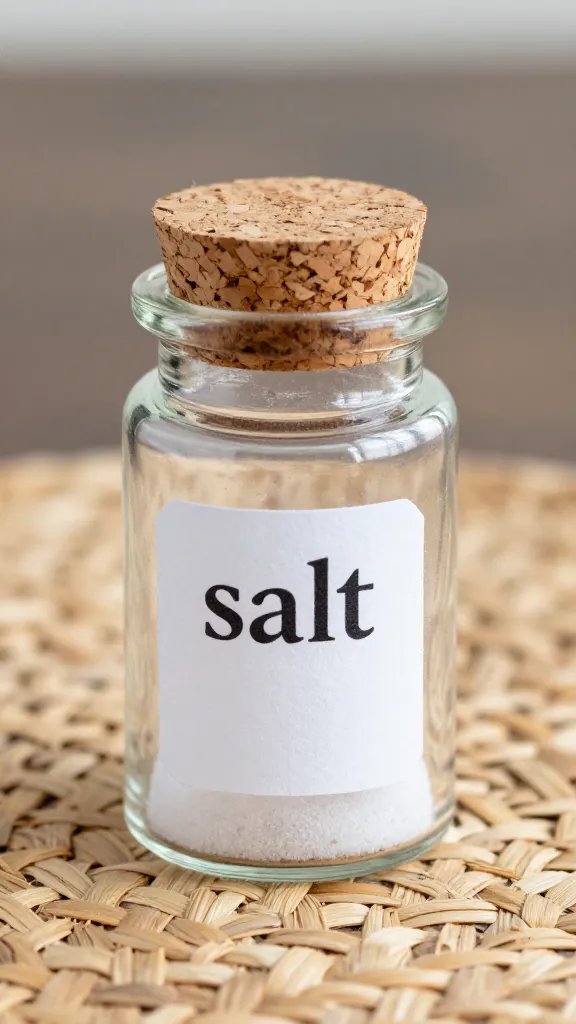cork-topped spice jar labeled “salt” on woven placemat