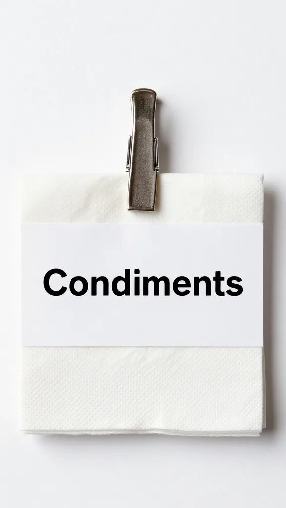 single weighted napkin clip securing paper label “Condiments”