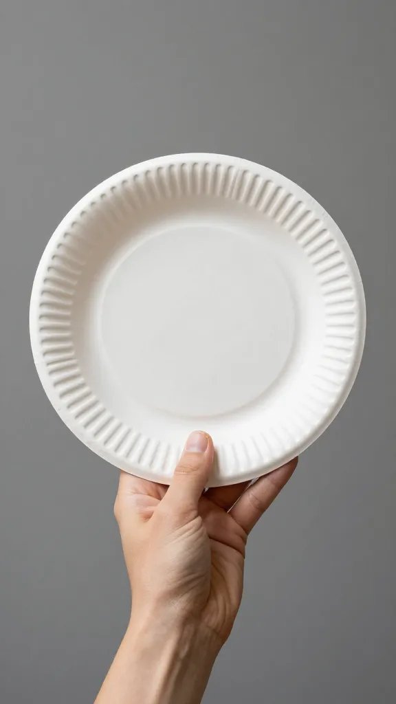 closeup of a single outstretched hand holding a paper plate