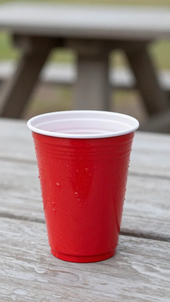 single red plastic cup with condensation on picnic table