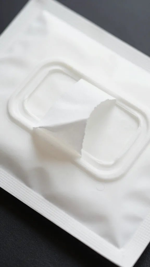 closeup of a clean handwipe packet torn open
