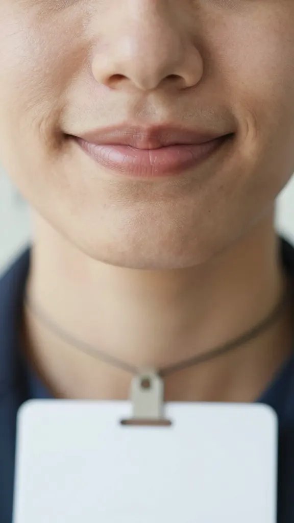 closeup of a relaxed half-smile above a name tag