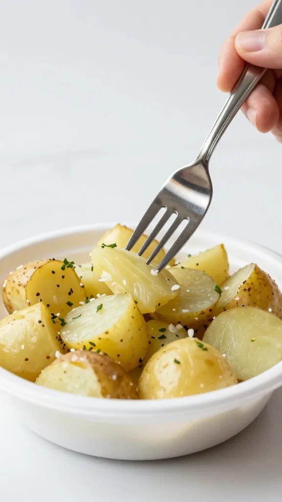 single disposable fork held poised over potato salad