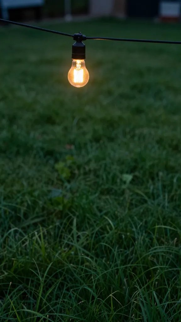 single string light bulb glowing at dusk over lawn