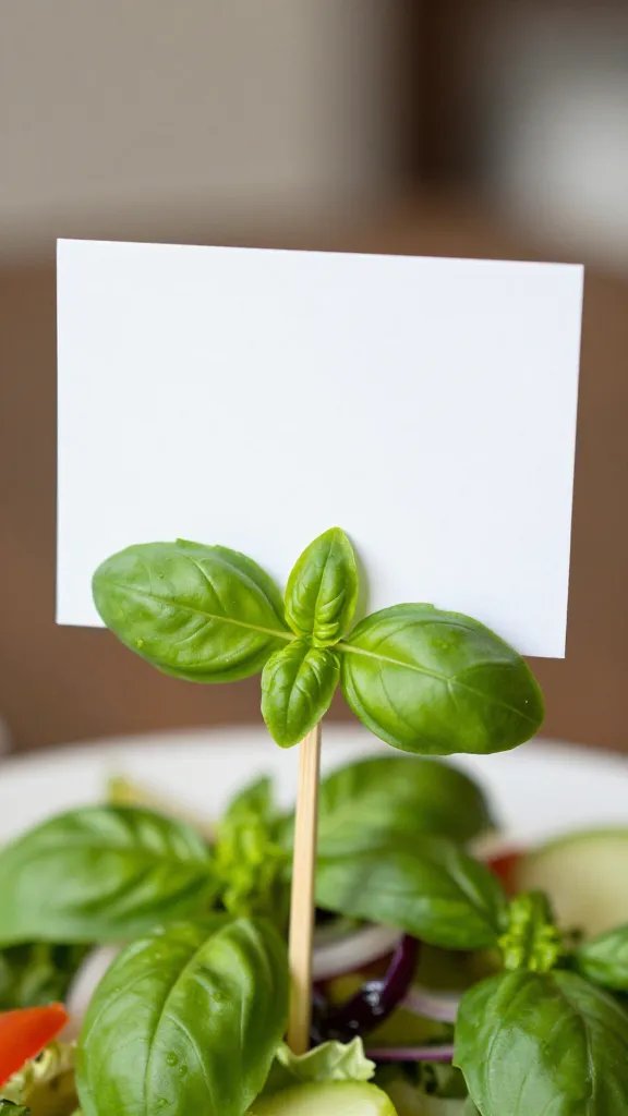 closeup of a basil salad label card on skewer