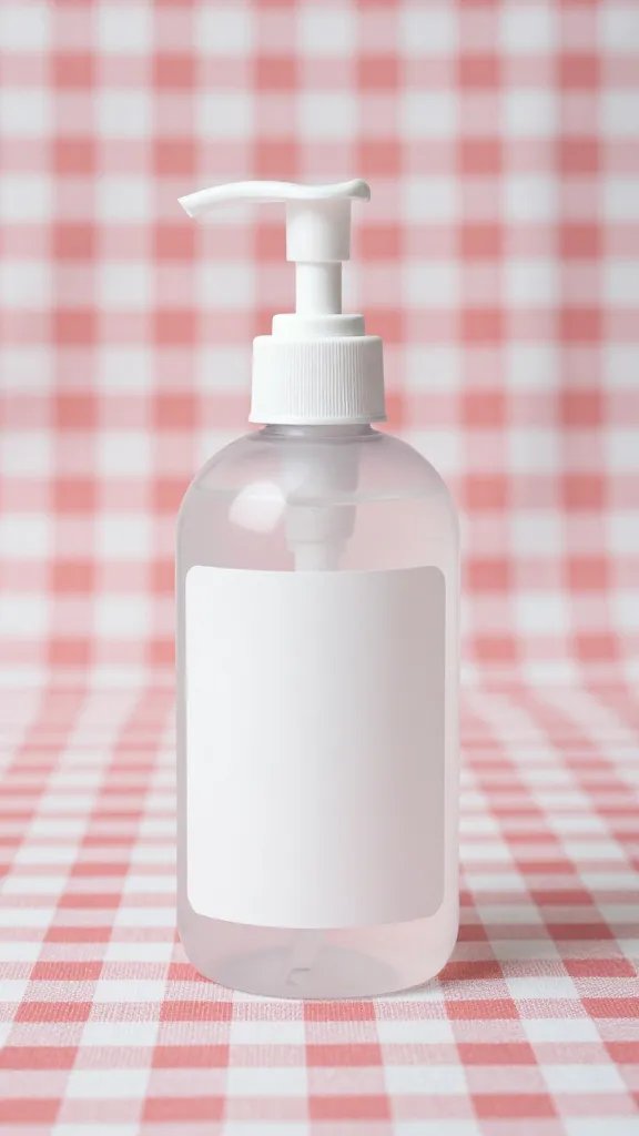 single hand sanitizer pump bottle on gingham tablecloth