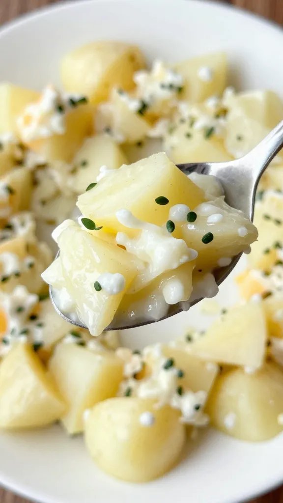 closeup spoonful of potato salad over picnic plate