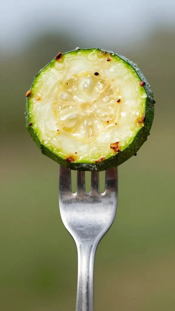 single grilled zucchini slice on fork, outdoor light