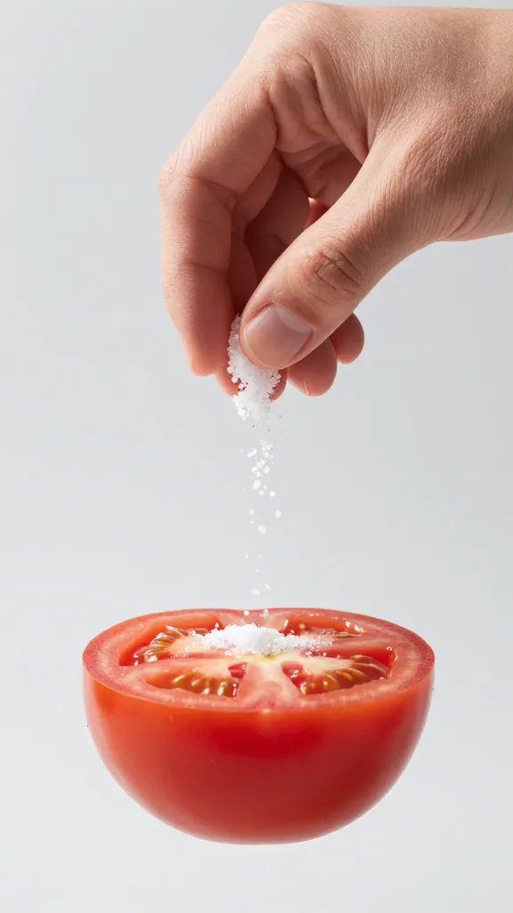 hand sprinkling salt paused above single tomato slice