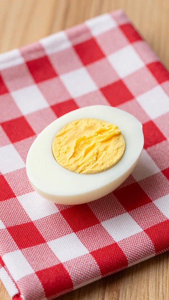 single deviled egg on gingham napkin, shallow depth