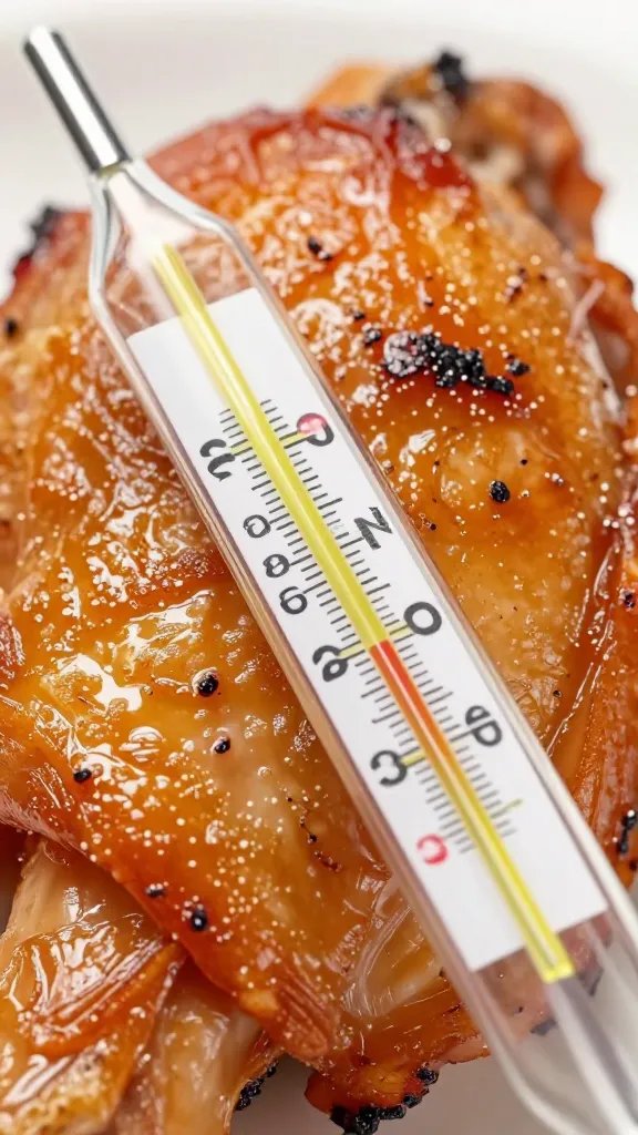 thermometer probe in grilled chicken thigh, closeup