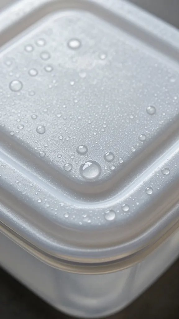 condensation on closed picnic container lid, macro
