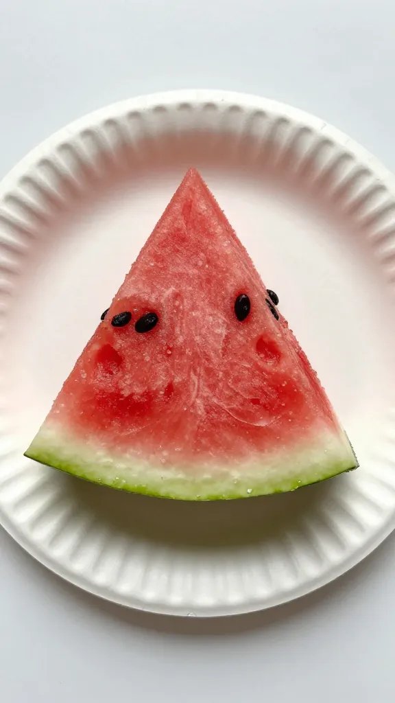 single watermelon wedge on paper plate, overhead