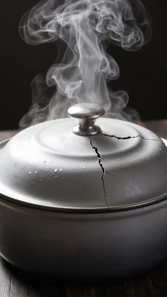 steam escaping cracked casserole lid, tight crop