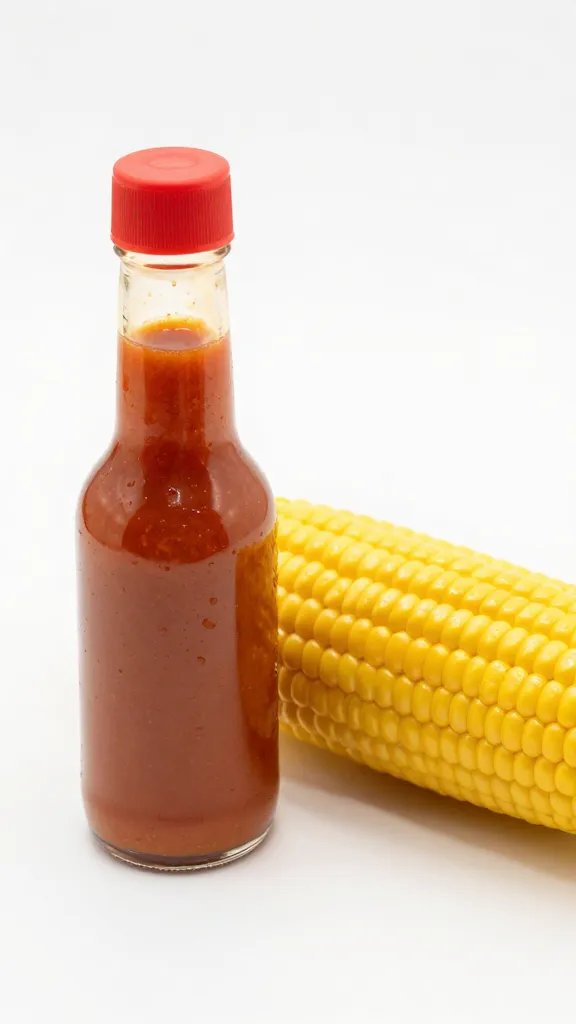 small bottle of hot sauce beside one corn cob