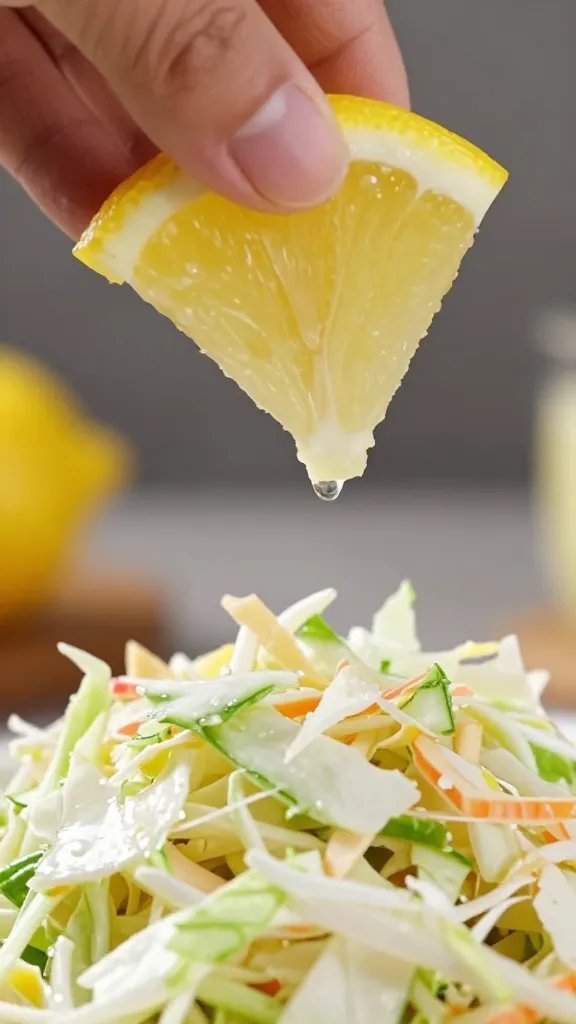 lemon wedge squeezed over single coleslaw bite, macro