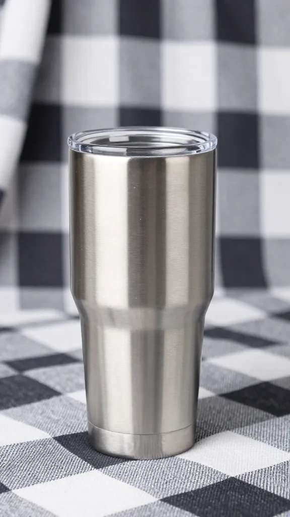 stainless insulated wine tumbler on checkered blanket