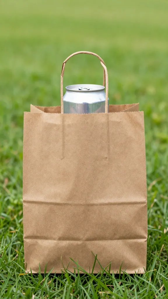 single brown paper bag concealing beer can on grass