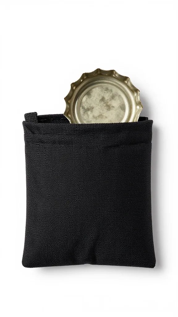 metal bottle cap in portable pocket trash pouch