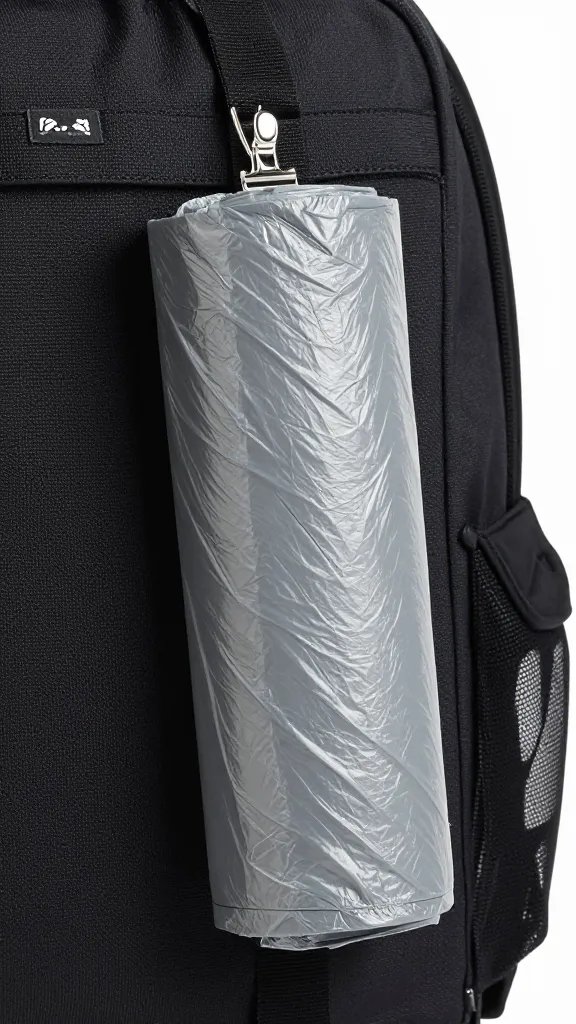 folded trash bag roll clipped to backpack strap