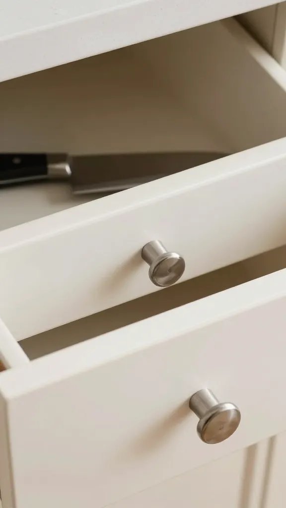 closeup of labeled kitchen drawer with chef’s knife