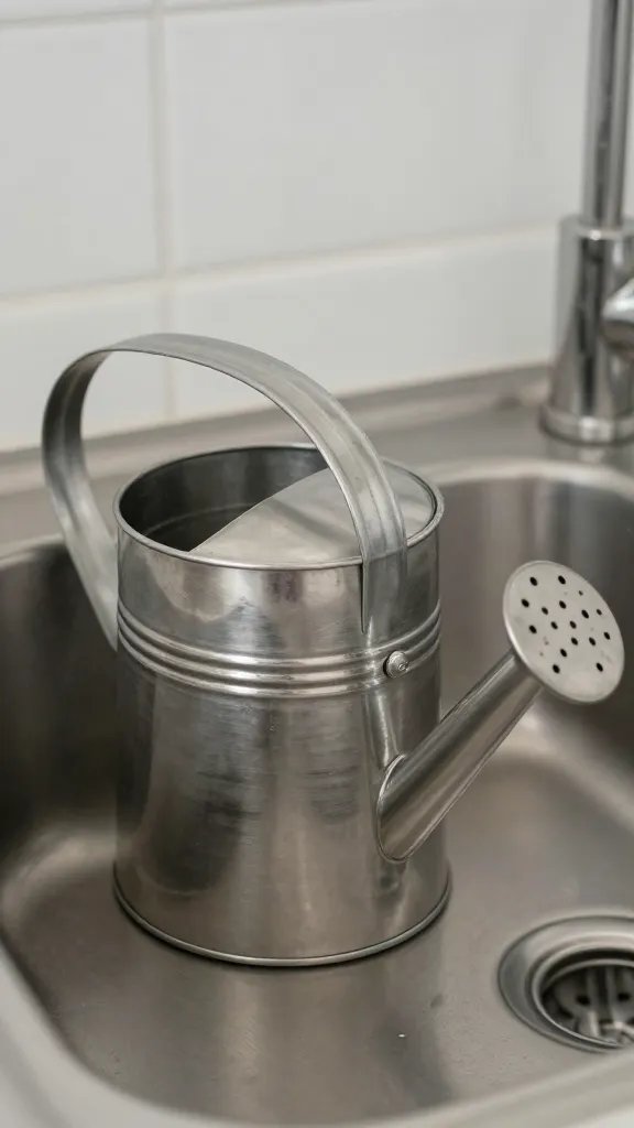 stainless watering can beside sink, natural light closeup