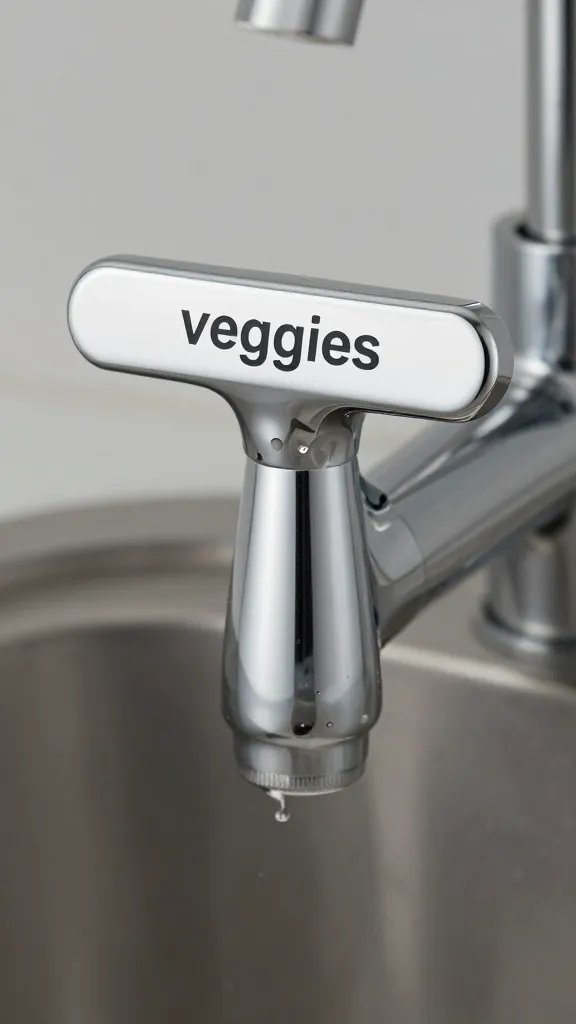 produce-only sink faucet handle with “veggies” label, macro