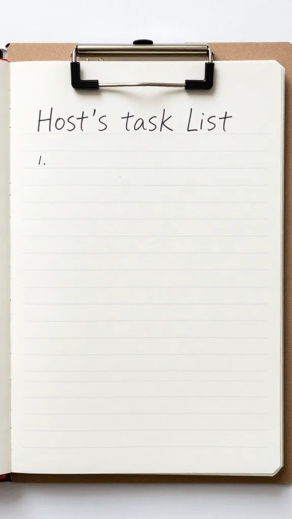 host’s written task list on clipboard, shallow depth