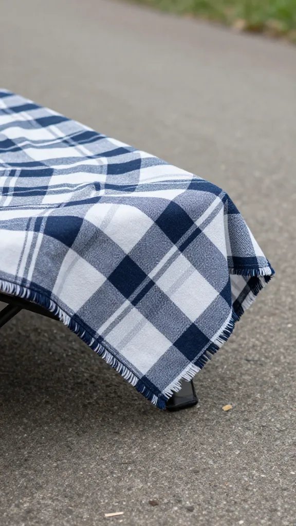 single picnic blanket corner staked near a path sign