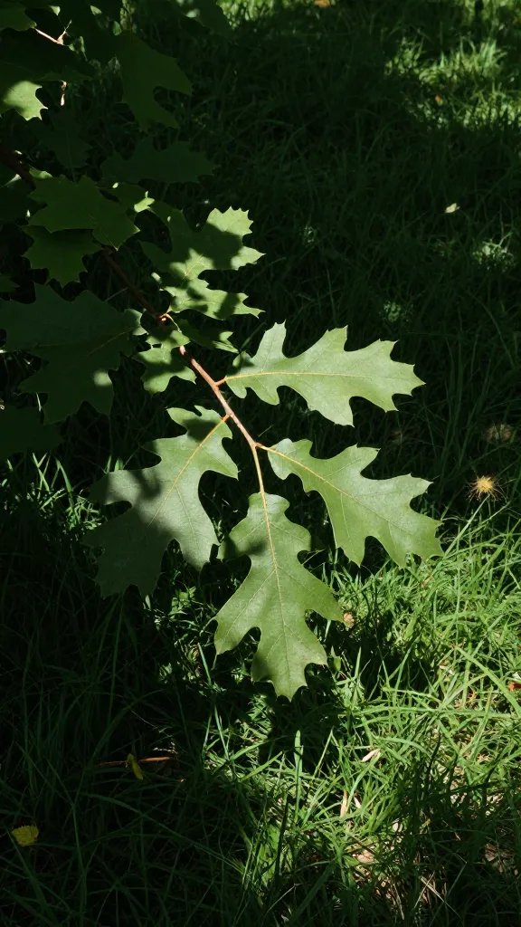 shaded oak branch casting dappled light on grass