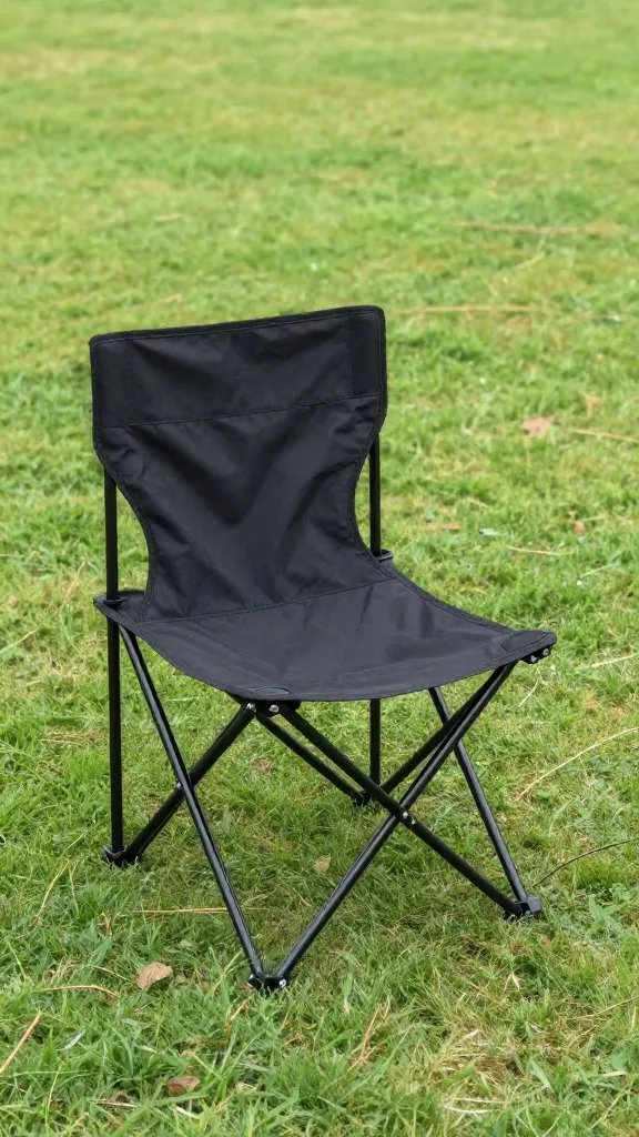 single collapsible camp chair on trimmed lawn