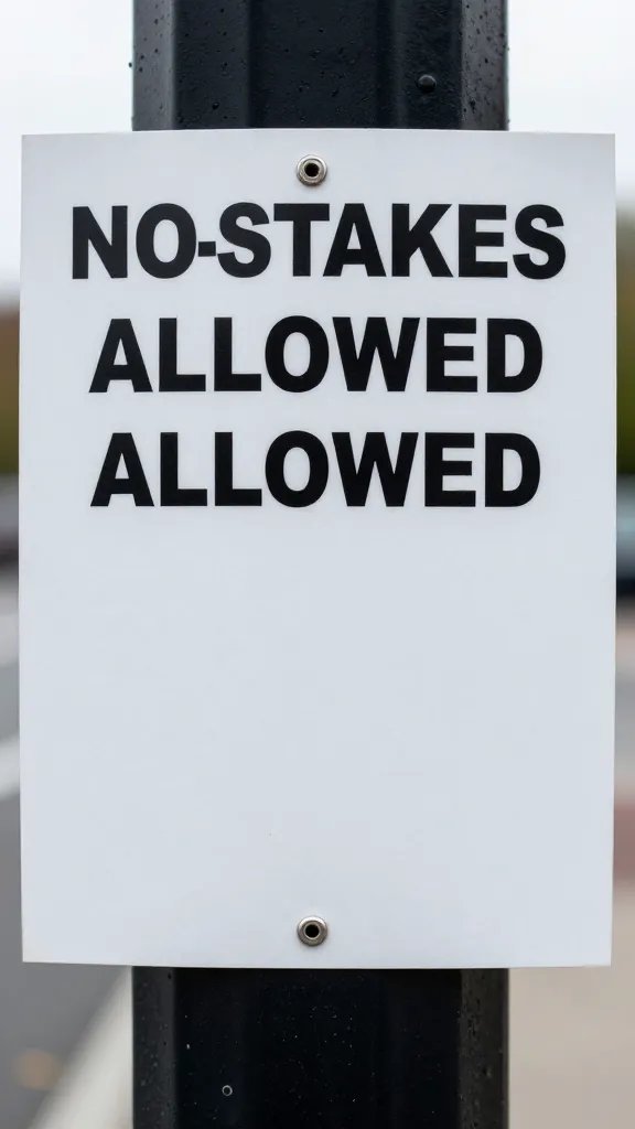 closeup of a no-stakes allowed notice on post