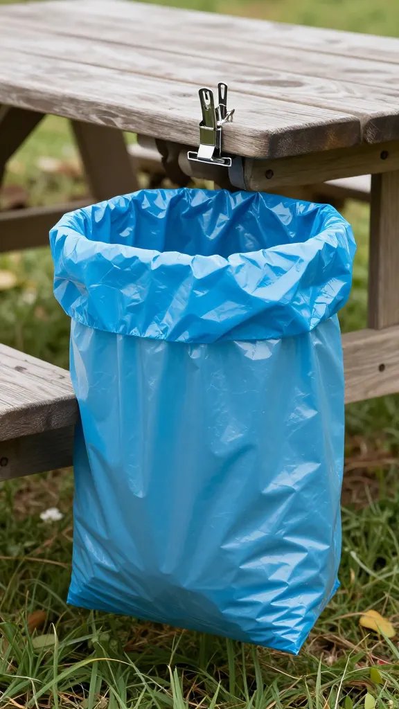 single reusable trash bag clipped to picnic table end