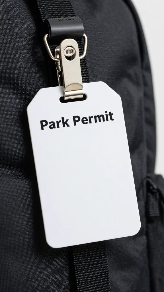closeup of a park permit tag clipped to backpack strap